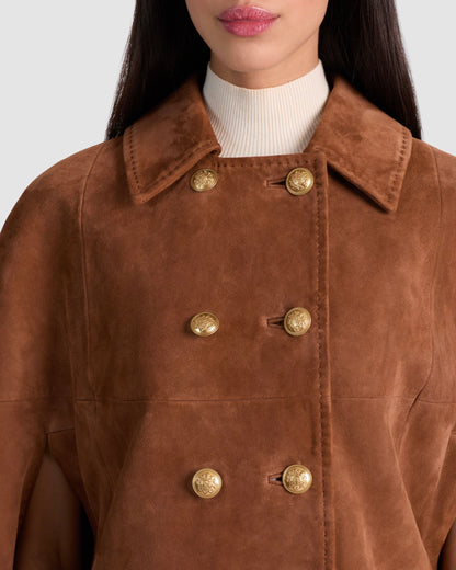 Women’s brown suede cape with double-breasted gold buttons and open arm slits, inspired by classic 70s style.
suede jacket women, cape coat brown, retro fall fashion, 70s style jacket, luxury suede outerwear
